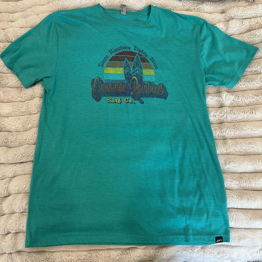 Men's Soft Cinnamon Rainbows Surf Shop T Shirt. XL Teal Vintage Style